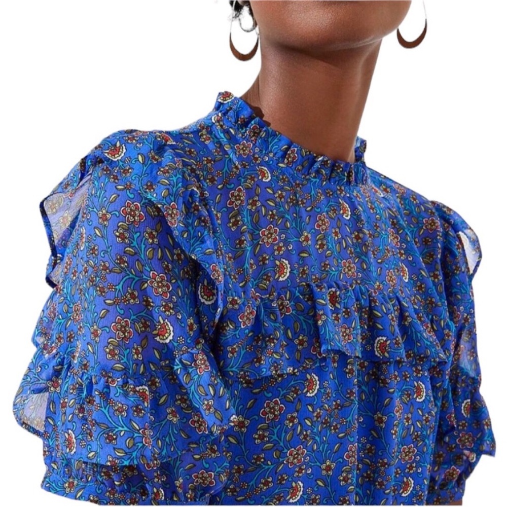 LOFT Blue Floral Mock Neck Ruffled Short Sleeve Blouse Size M - Picture 2 of 8